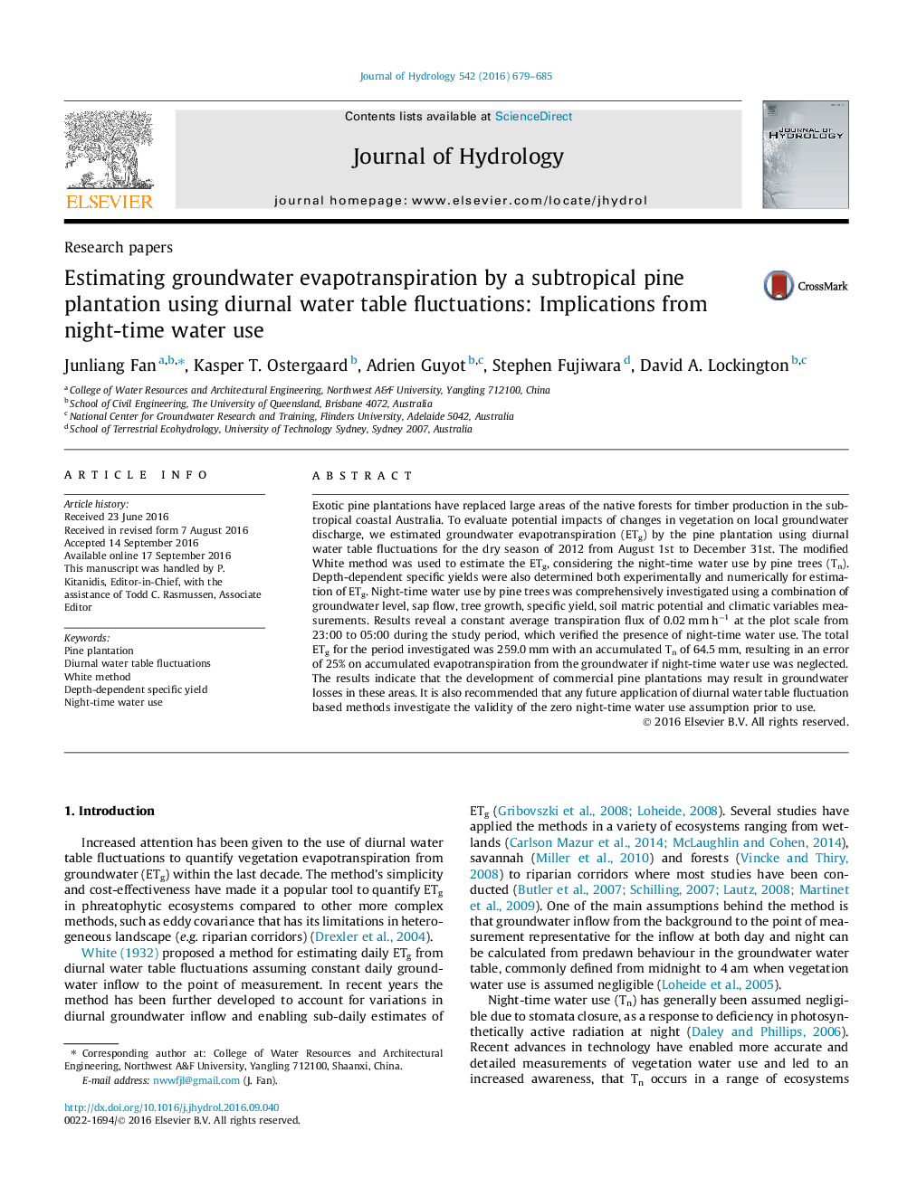 Research papersEstimating groundwater evapotranspiration by a subtropical pine plantation using diurnal water table fluctuations: Implications from night-time water use