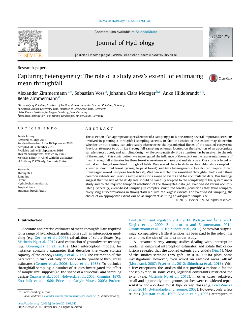 Research papersCapturing heterogeneity: The role of a study area's extent for estimating mean throughfall