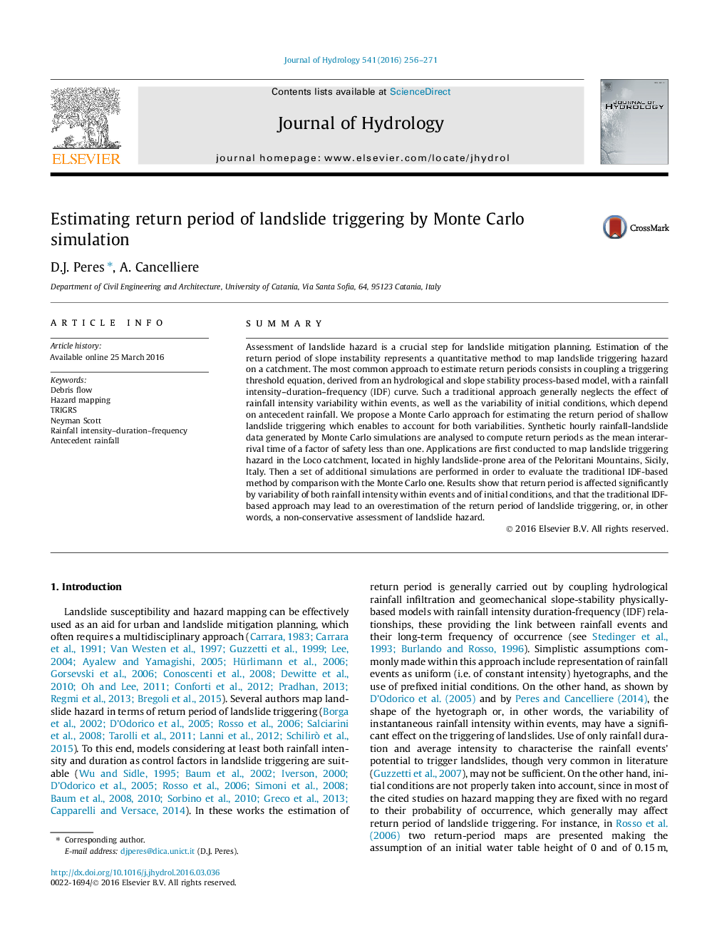 Estimating return period of landslide triggering by Monte Carlo simulation