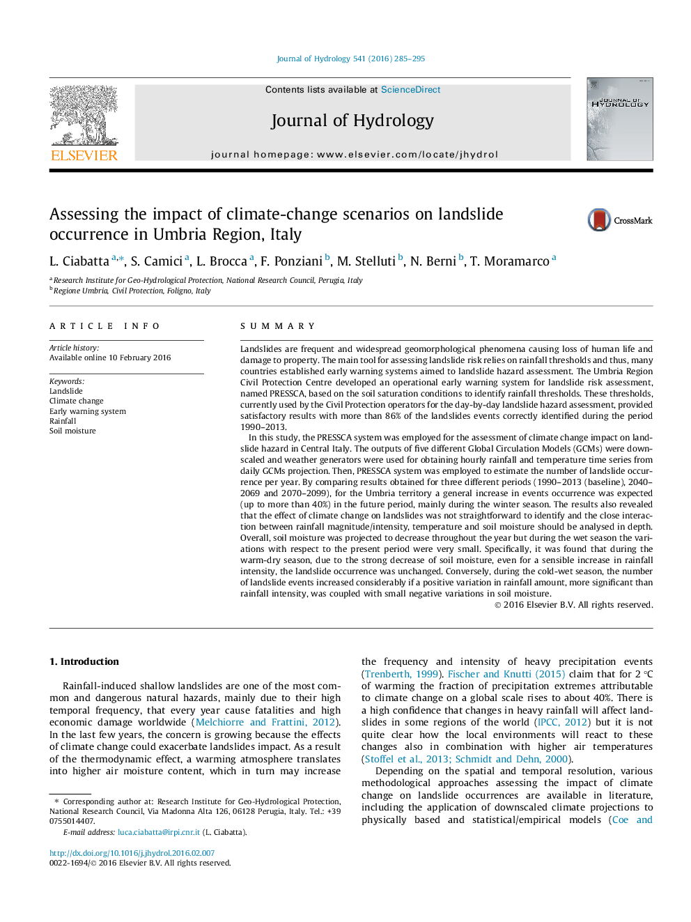 Assessing the impact of climate-change scenarios on landslide occurrence in Umbria Region, Italy