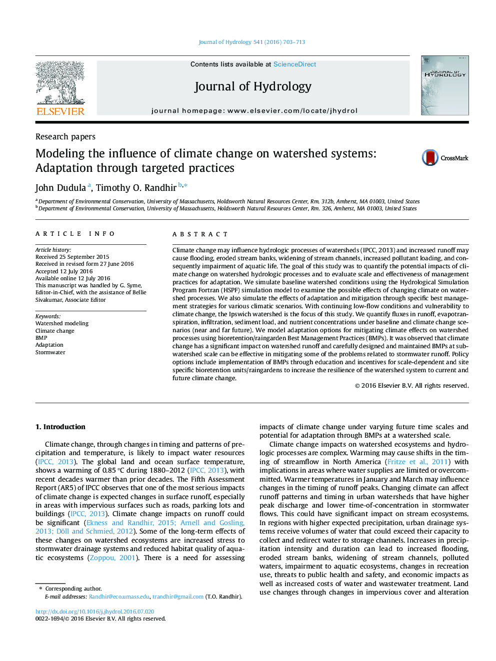 Research papersModeling the influence of climate change on watershed systems: Adaptation through targeted practices