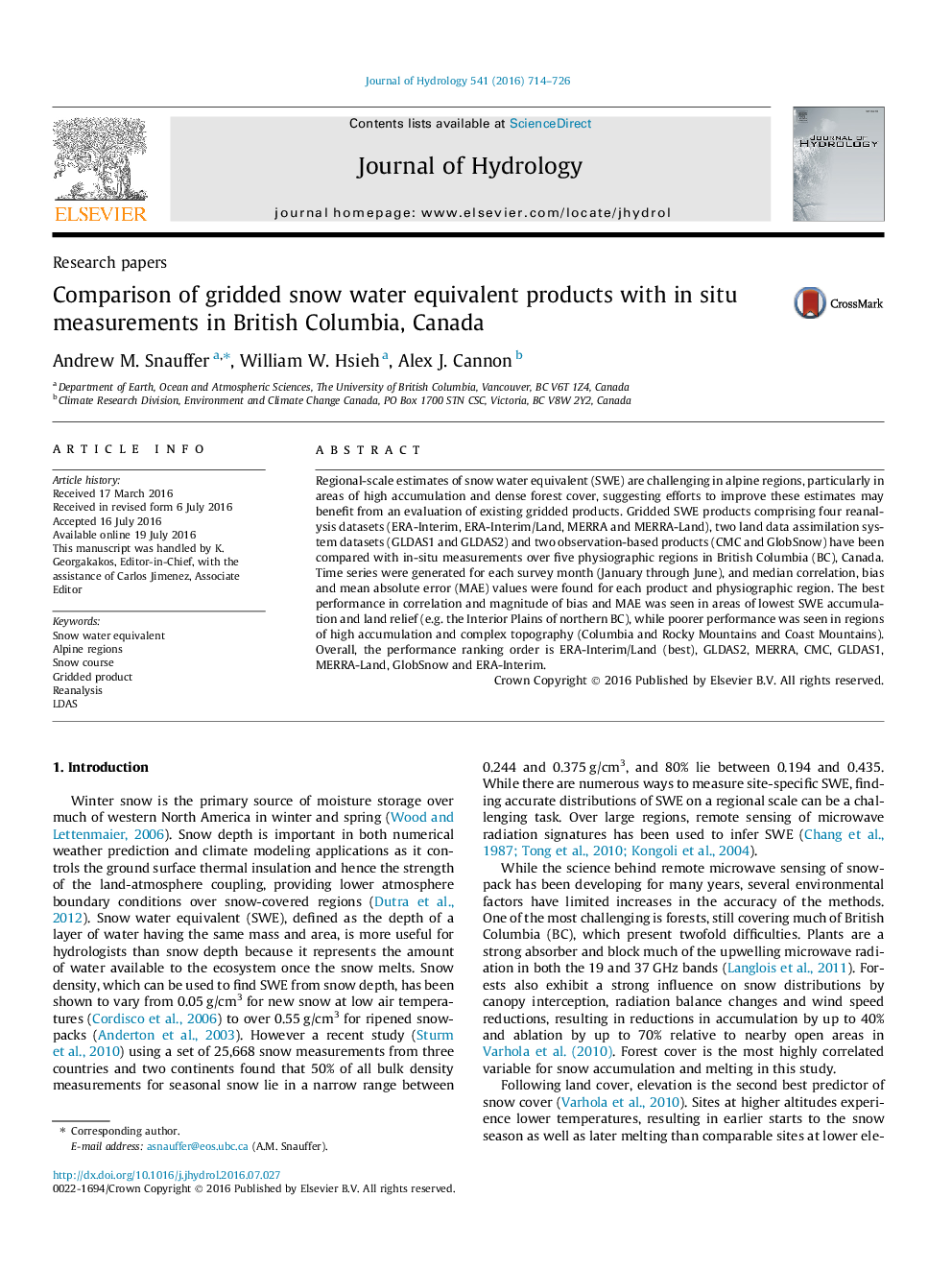 Research papersComparison of gridded snow water equivalent products with in situ measurements in British Columbia, Canada