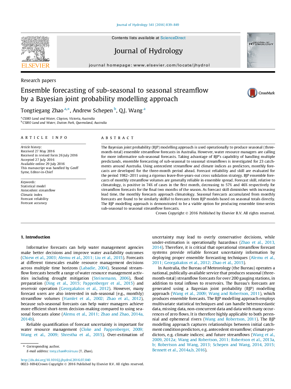 Research papersEnsemble forecasting of sub-seasonal to seasonal streamflow by a Bayesian joint probability modelling approach