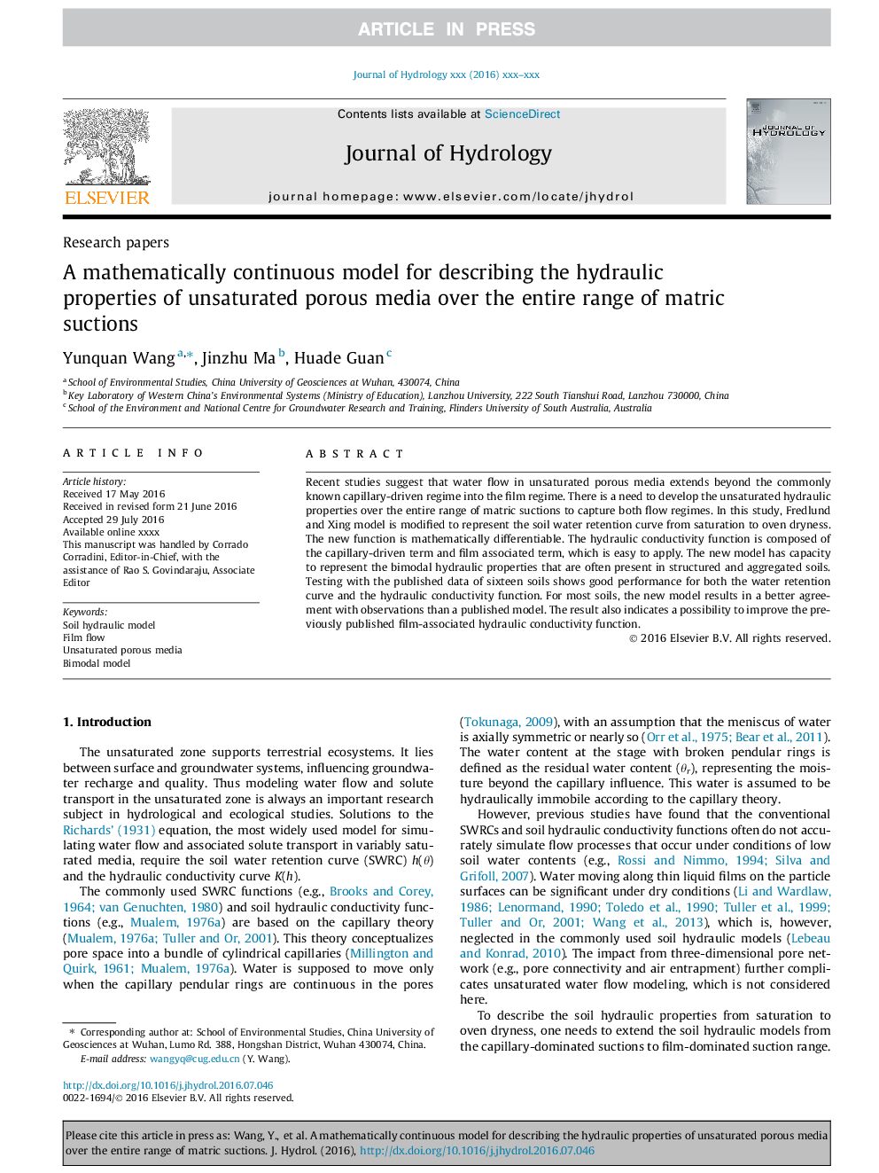 A mathematically continuous model for describing the hydraulic properties of unsaturated porous media over the entire range of matric suctions