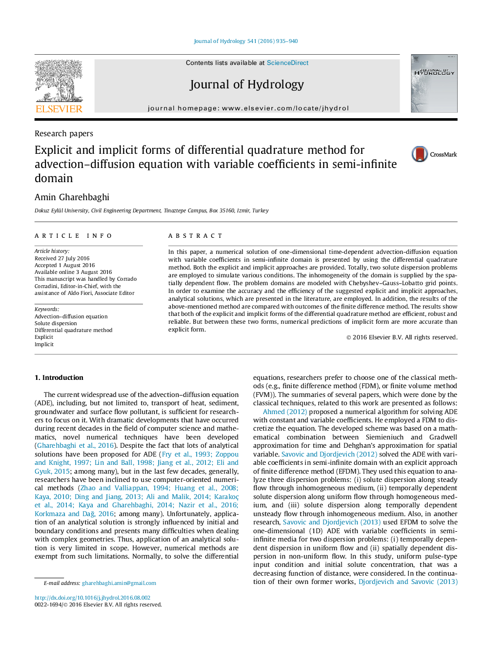 Research papersExplicit and implicit forms of differential quadrature method for advection-diffusion equation with variable coefficients in semi-infinite domain