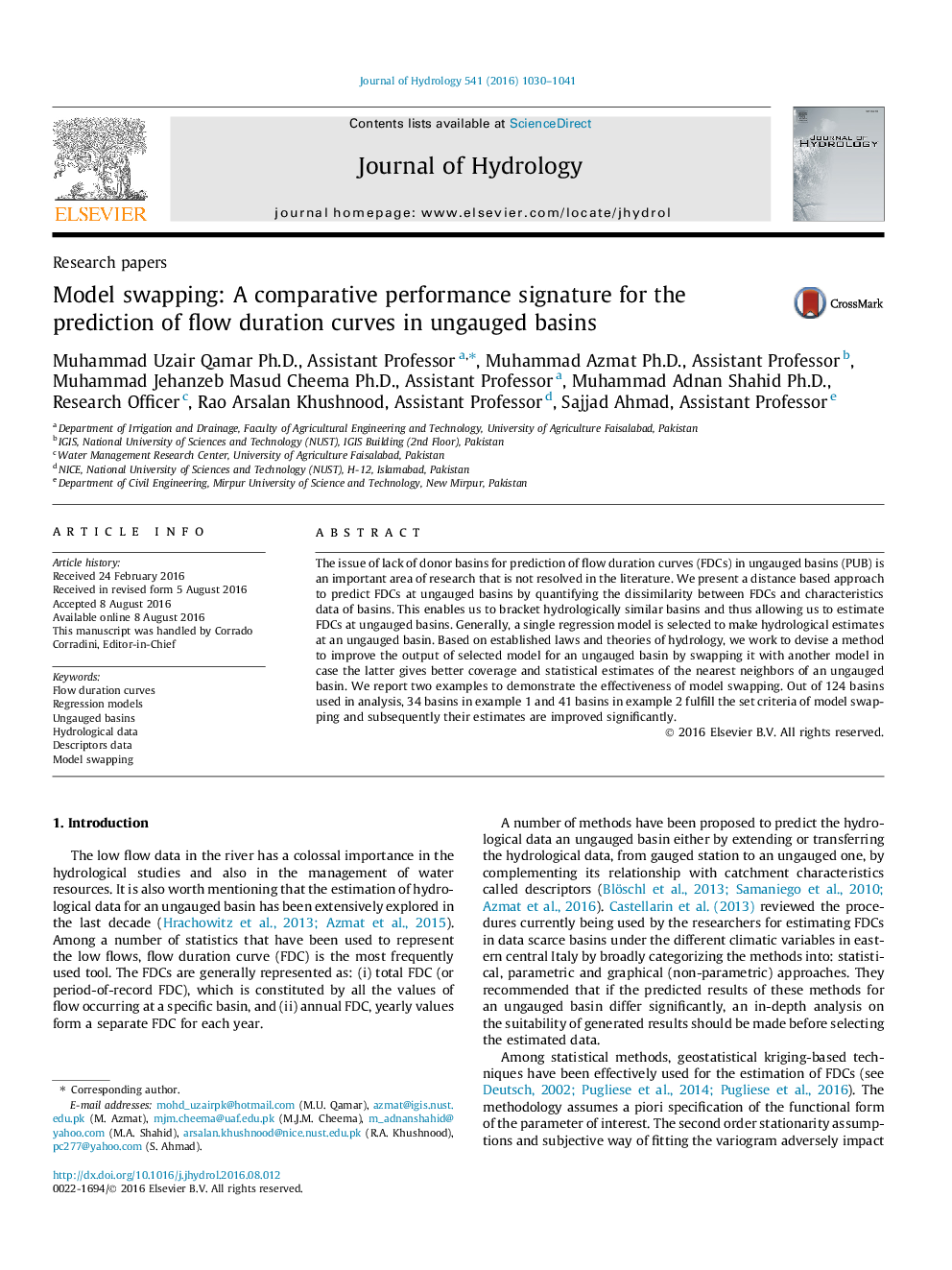 Research papersModel swapping: A comparative performance signature for the prediction of flow duration curves in ungauged basins