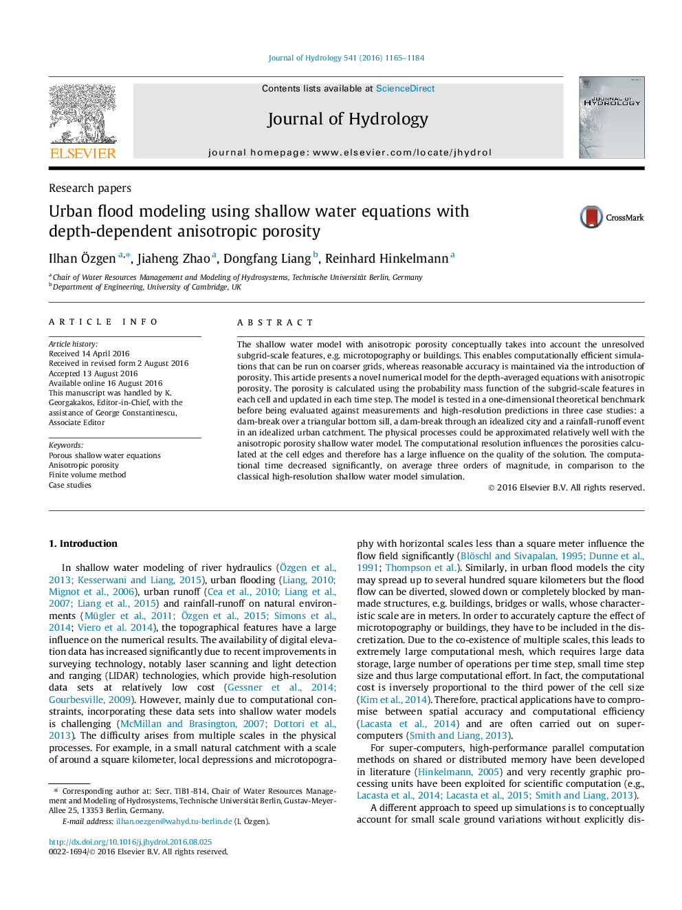 Research papersUrban flood modeling using shallow water equations with depth-dependent anisotropic porosity