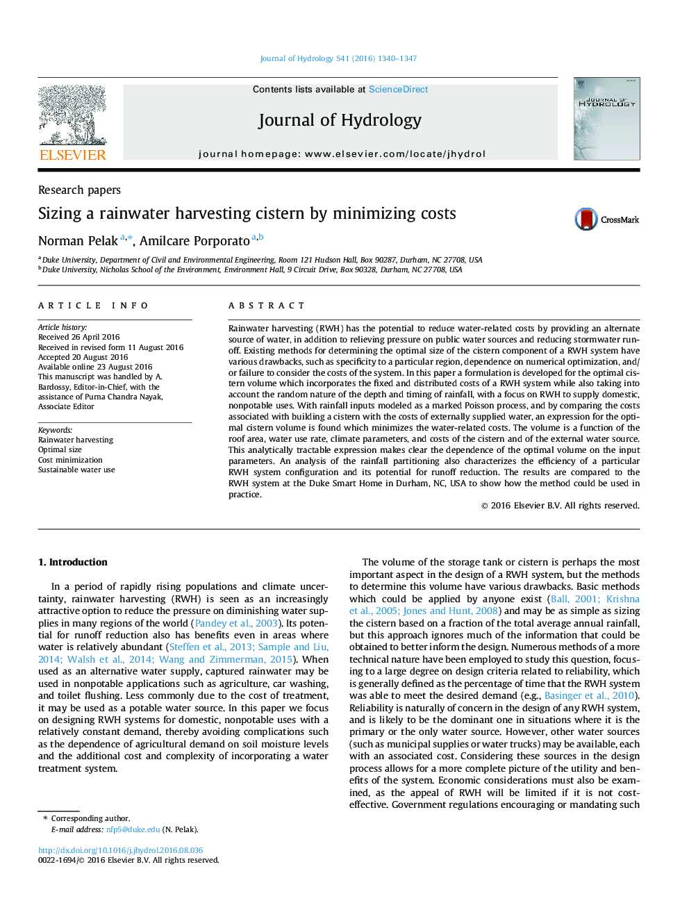 Research papersSizing a rainwater harvesting cistern by minimizing costs