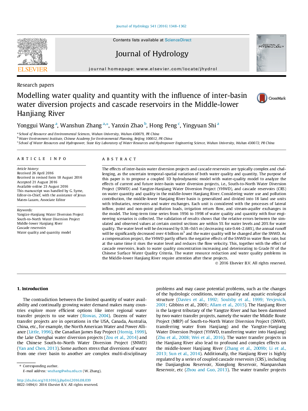 Research papersModelling water quality and quantity with the influence of inter-basin water diversion projects and cascade reservoirs in the Middle-lower Hanjiang River