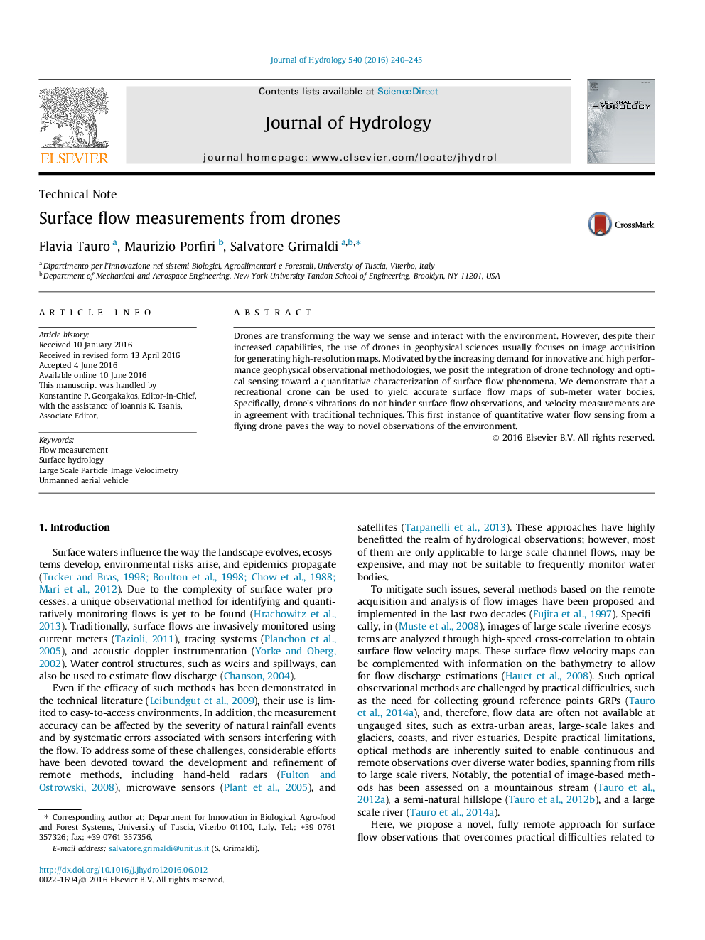 Technical NoteSurface flow measurements from drones