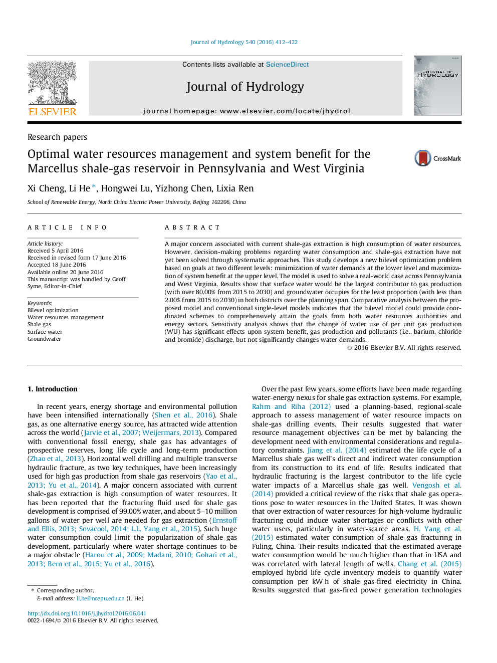 Research papersOptimal water resources management and system benefit for the Marcellus shale-gas reservoir in Pennsylvania and West Virginia