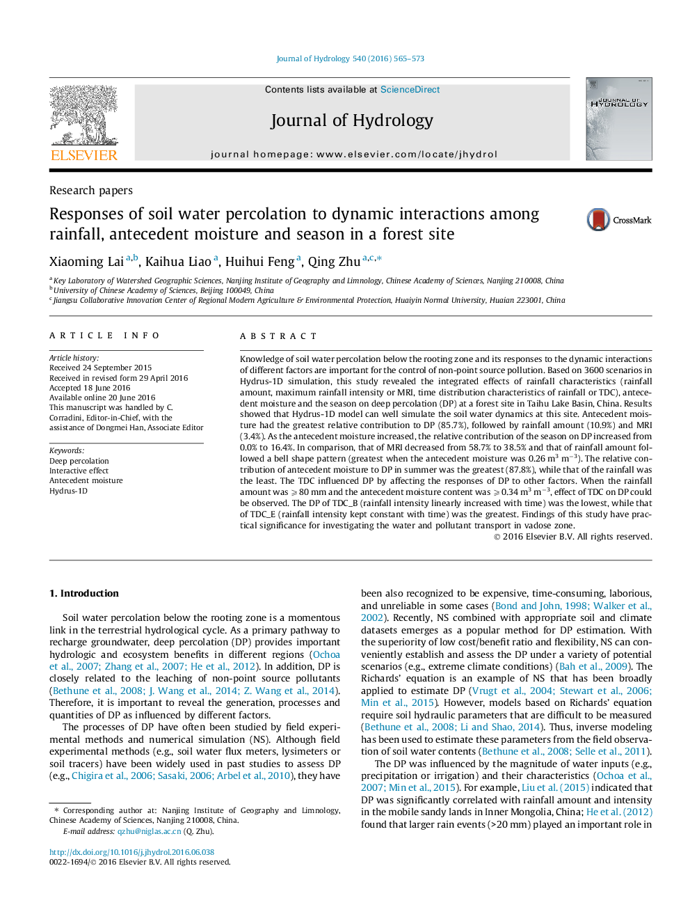 Research papersResponses of soil water percolation to dynamic interactions among rainfall, antecedent moisture and season in a forest site