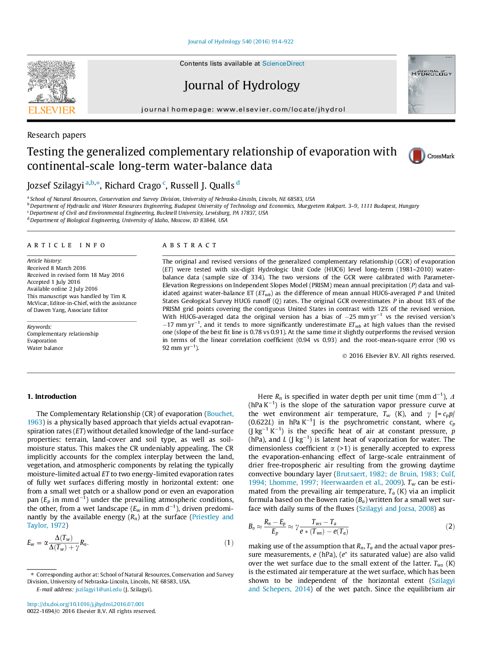 Research papersTesting the generalized complementary relationship of evaporation with continental-scale long-term water-balance data