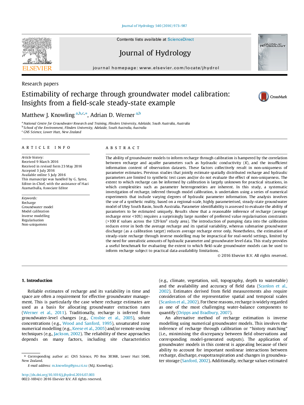 Research papersEstimability of recharge through groundwater model calibration: Insights from a field-scale steady-state example