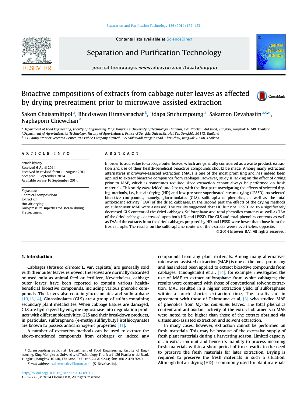 Bioactive compositions of extracts from cabbage outer leaves as affected by drying pretreatment prior to microwave-assisted extraction