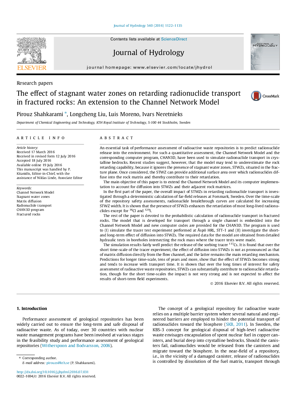 Research papersThe effect of stagnant water zones on retarding radionuclide transport in fractured rocks: An extension to the Channel Network Model