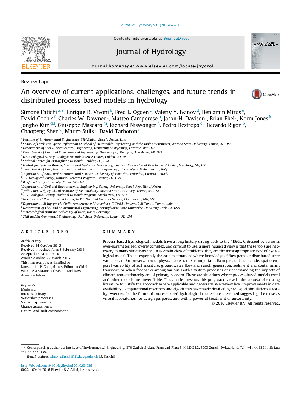 عکس صفحه اول مقاله: Review PaperAn overview of current applications, challenges, and future trends in distributed process-based models in hydrology Review PaperAn overview of current applications, challenges, and future trends in distributed process-based models in hydrology