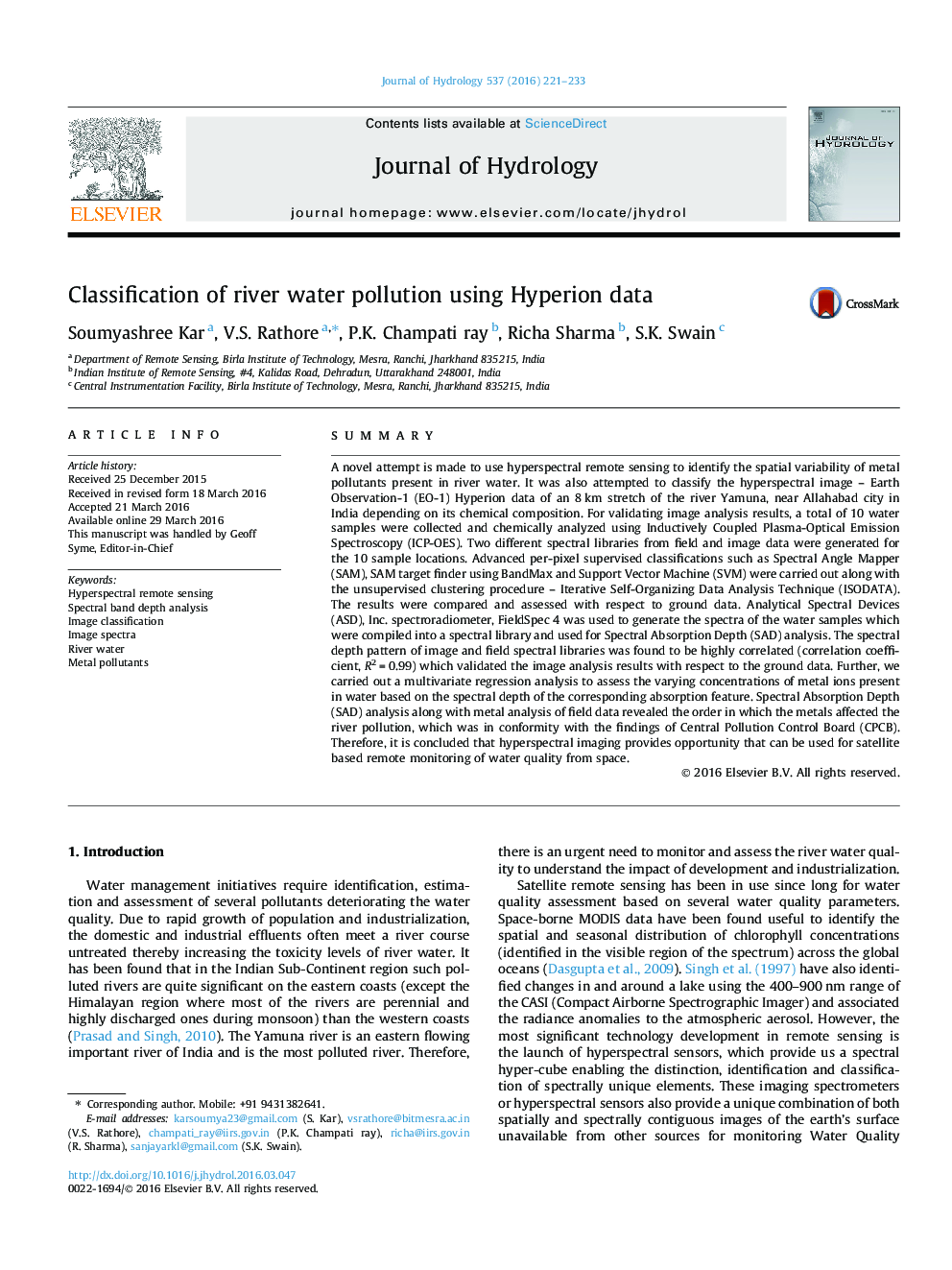 Classification of river water pollution using Hyperion data