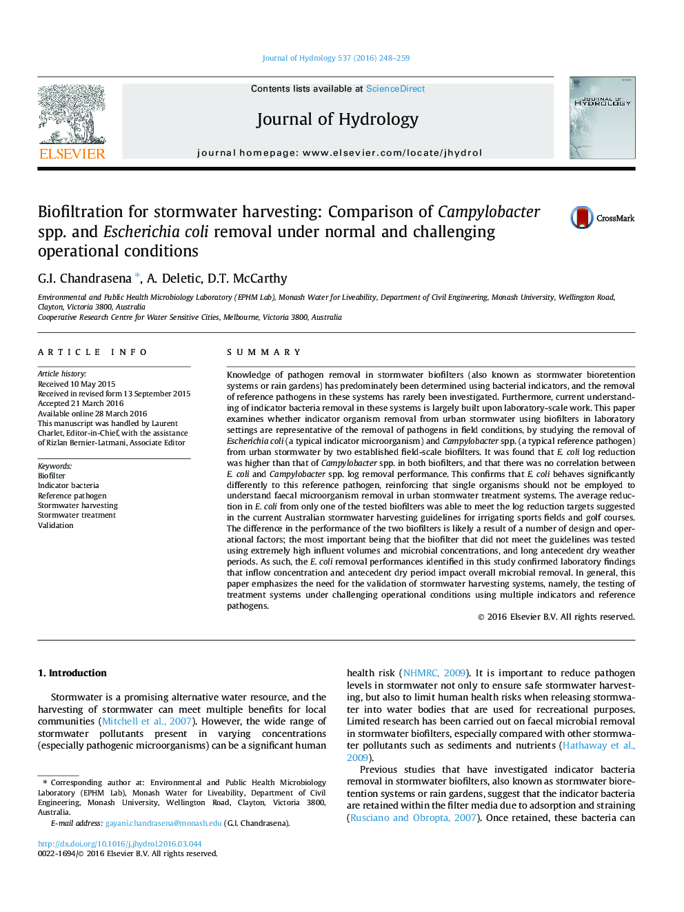 Biofiltration for stormwater harvesting: Comparison of Campylobacter spp. and Escherichia coli removal under normal and challenging operational conditions