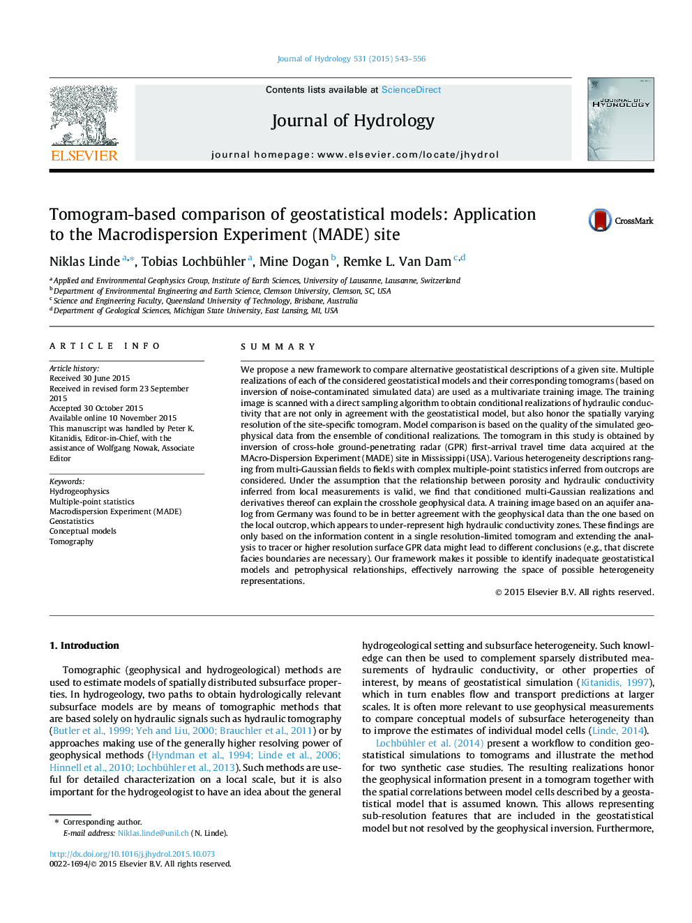 Tomogram-based comparison of geostatistical models: Application to the Macrodispersion Experiment (MADE) site