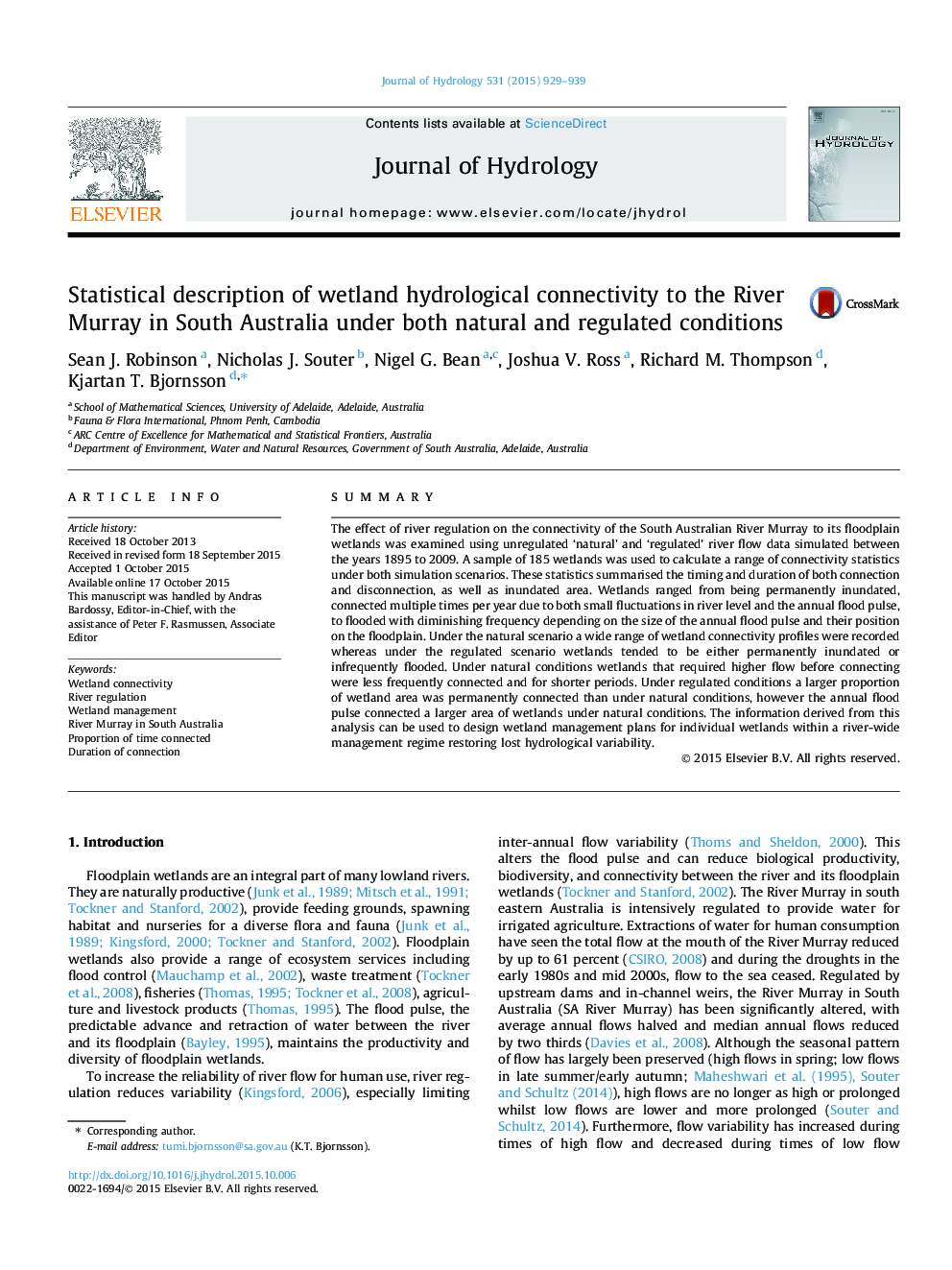 Statistical description of wetland hydrological connectivity to the River Murray in South Australia under both natural and regulated conditions