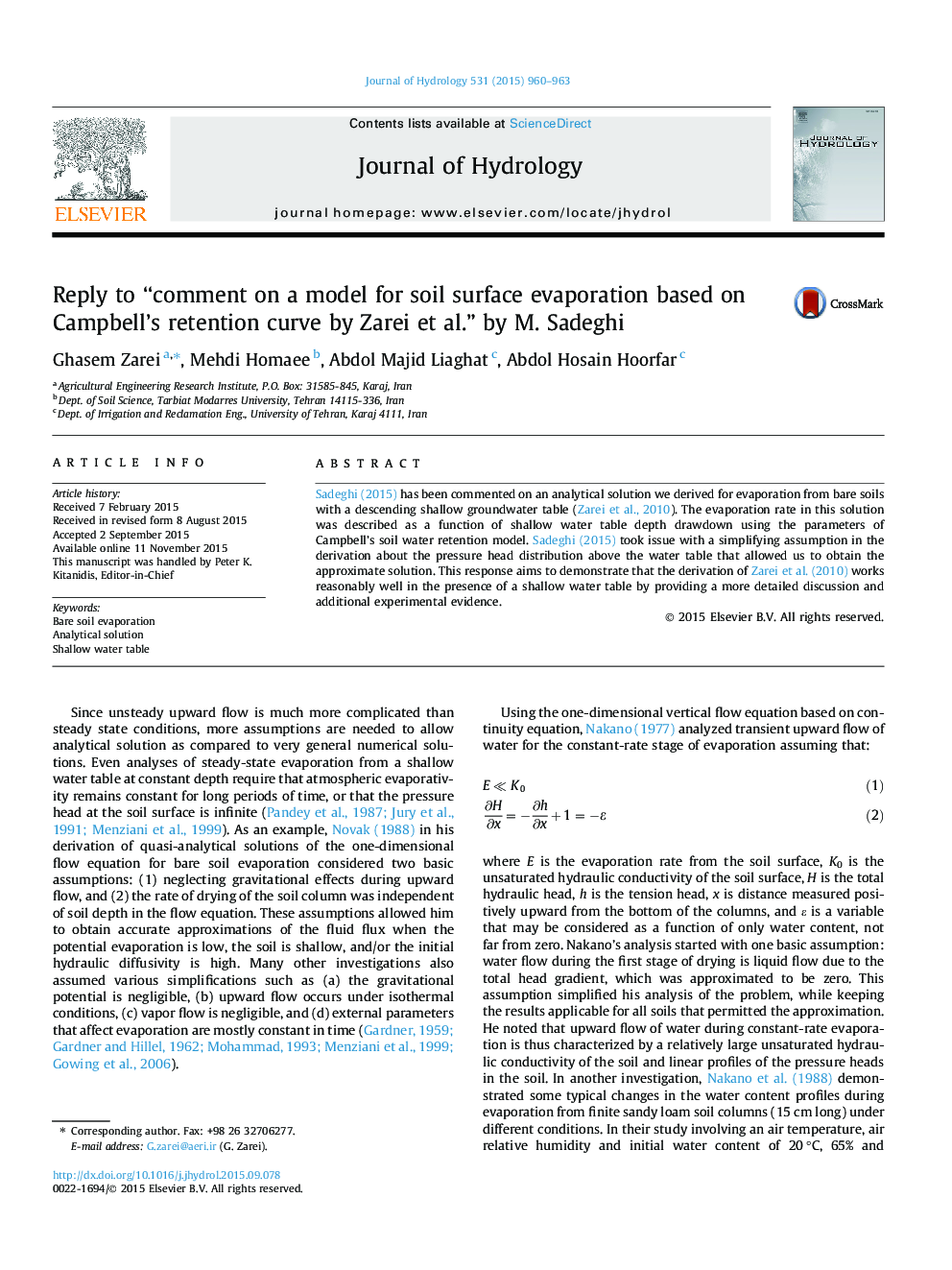 Reply to “comment on a model for soil surface evaporation based on Campbell's retention curve by Zarei et al.” by M. Sadeghi