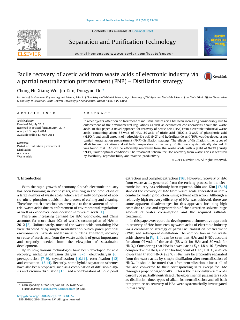 Facile recovery of acetic acid from waste acids of electronic industry via a partial neutralization pretreatment (PNP) – Distillation strategy