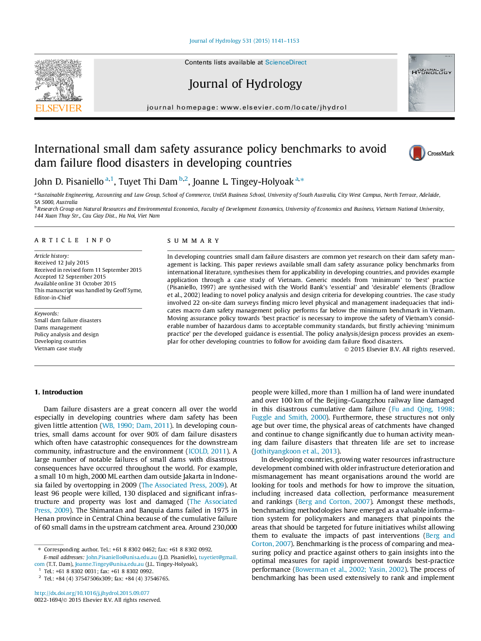 International small dam safety assurance policy benchmarks to avoid dam failure flood disasters in developing countries