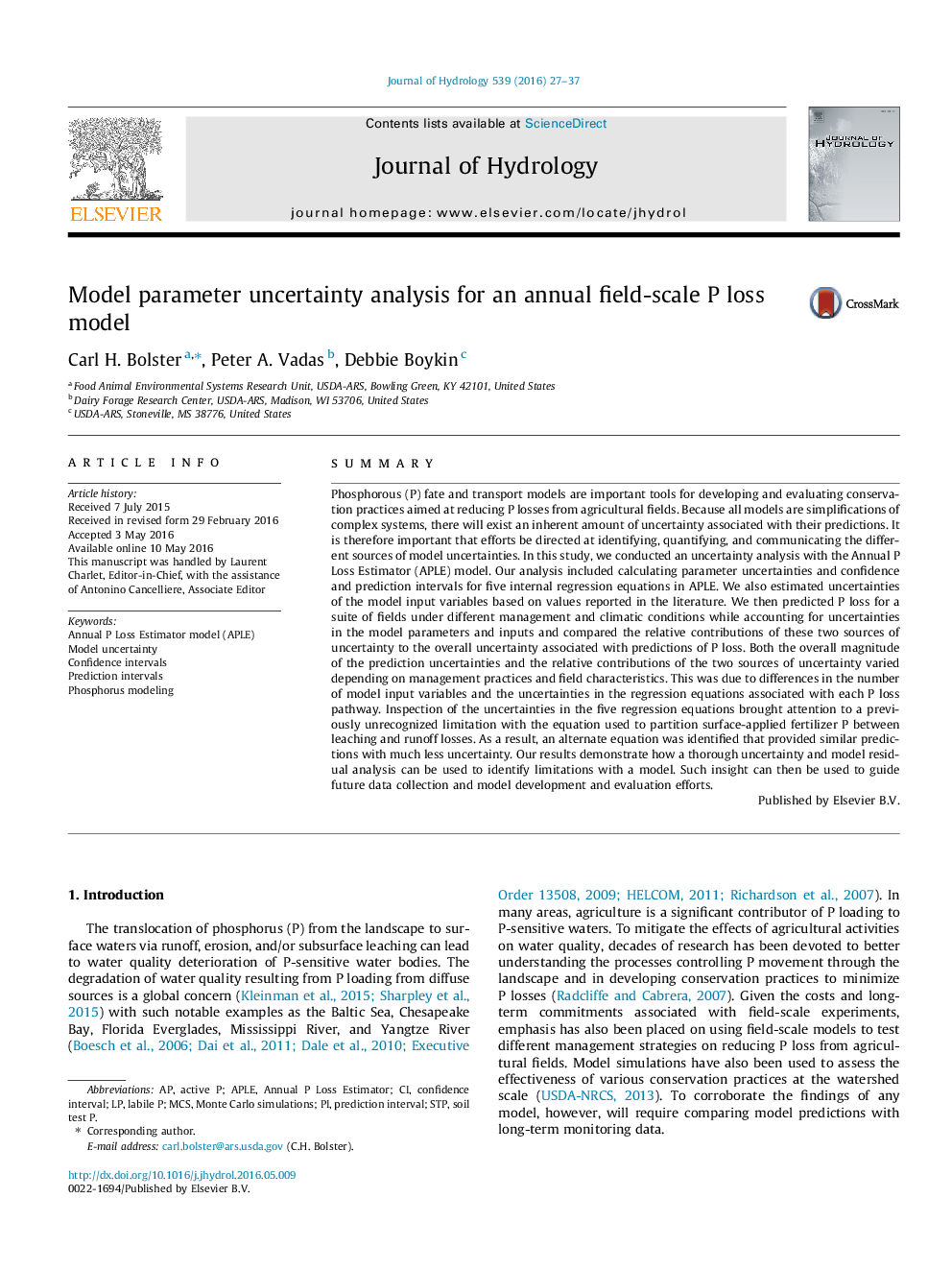 Model parameter uncertainty analysis for an annual field-scale P loss model