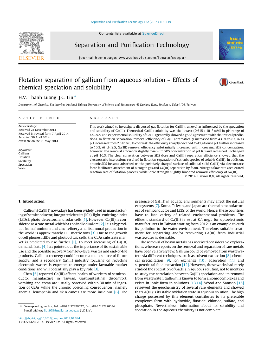 Flotation separation of gallium from aqueous solution - Effects of chemical speciation and solubility