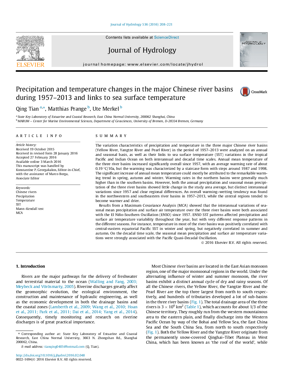 Precipitation and temperature changes in the major Chinese river basins during 1957-2013 and links to sea surface temperature