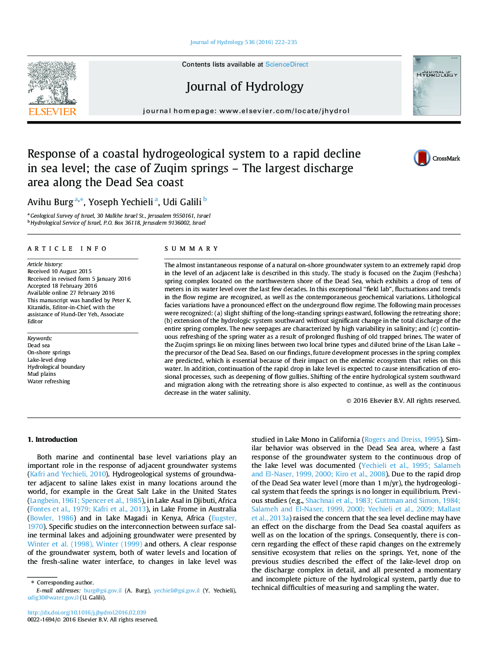 Response of a coastal hydrogeological system to a rapid decline in sea level; the case of Zuqim springs - The largest discharge area along the Dead Sea coast