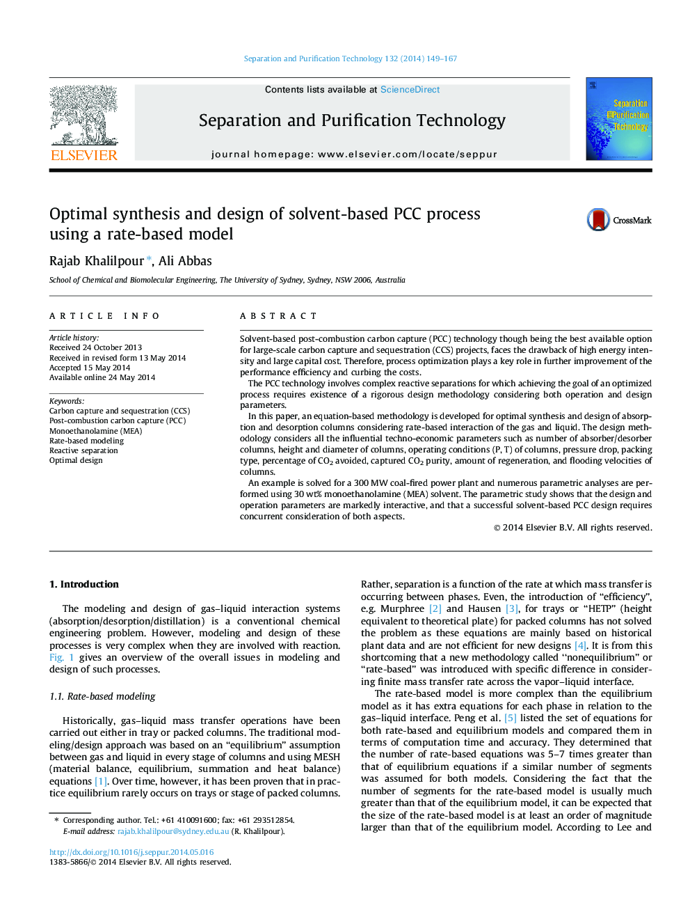 Optimal synthesis and design of solvent-based PCC process using a rate-based model