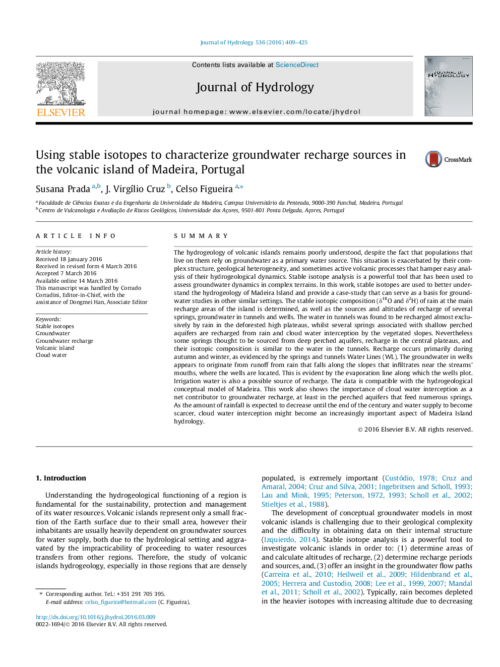 Using stable isotopes to characterize groundwater recharge sources in the volcanic island of Madeira, Portugal