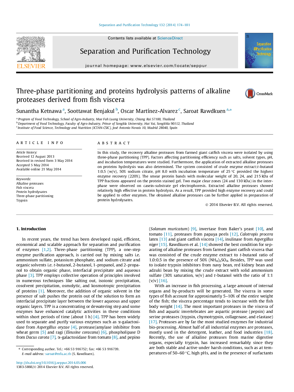 Three-phase partitioning and proteins hydrolysis patterns of alkaline proteases derived from fish viscera