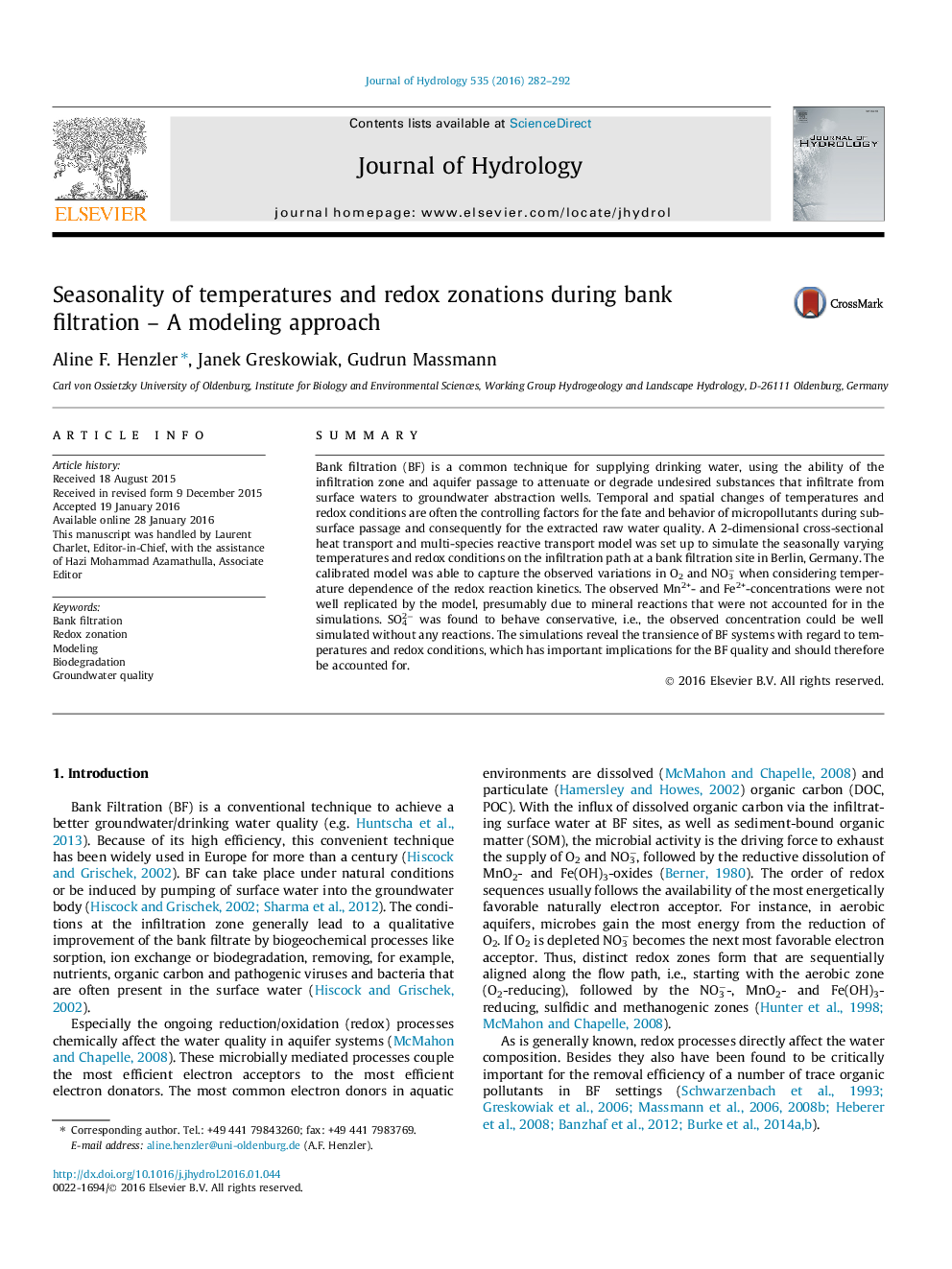 Seasonality of temperatures and redox zonations during bank filtration - A modeling approach