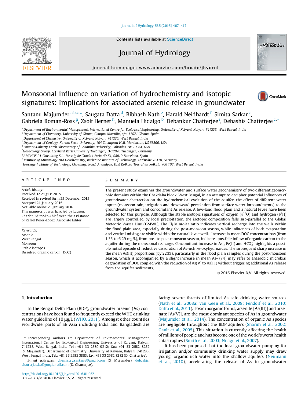 Monsoonal influence on variation of hydrochemistry and isotopic signatures: Implications for associated arsenic release in groundwater