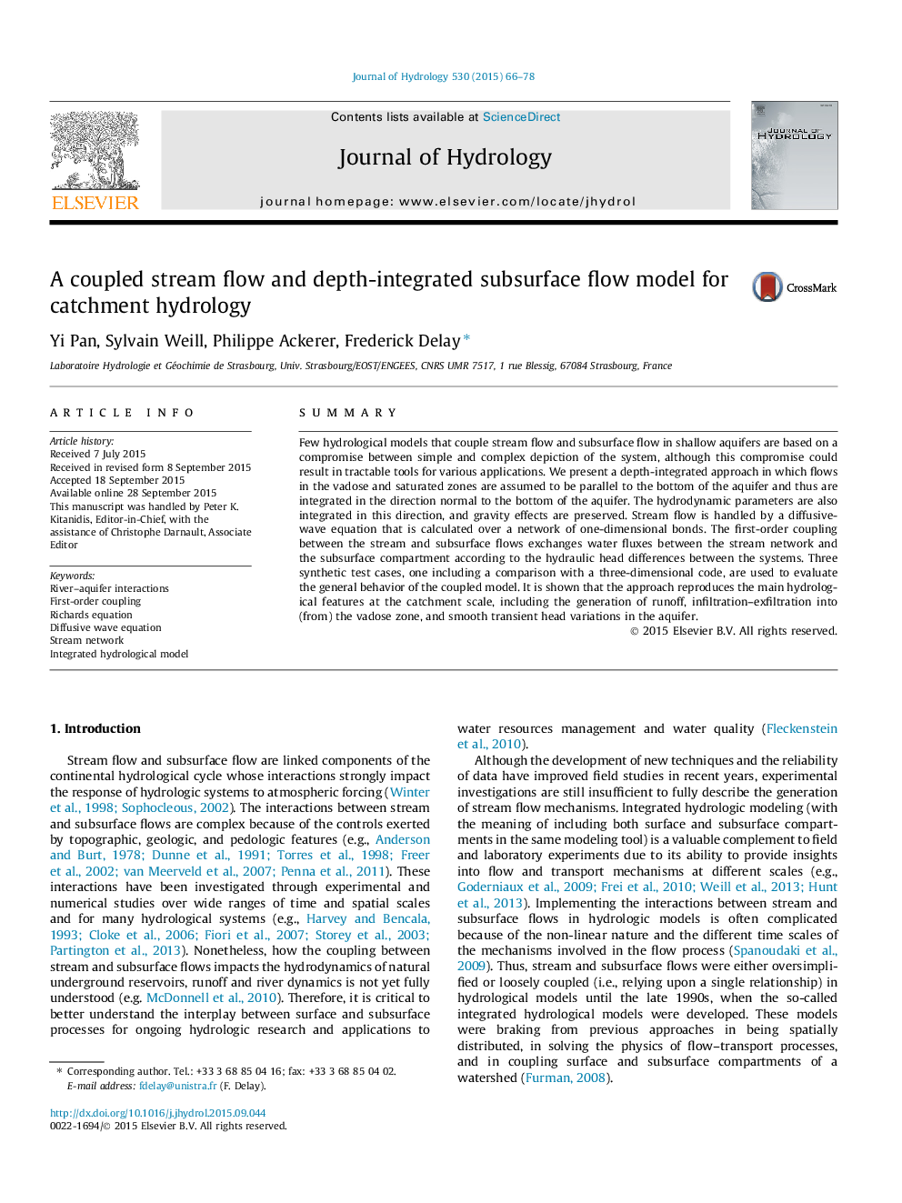 A coupled stream flow and depth-integrated subsurface flow model for catchment hydrology