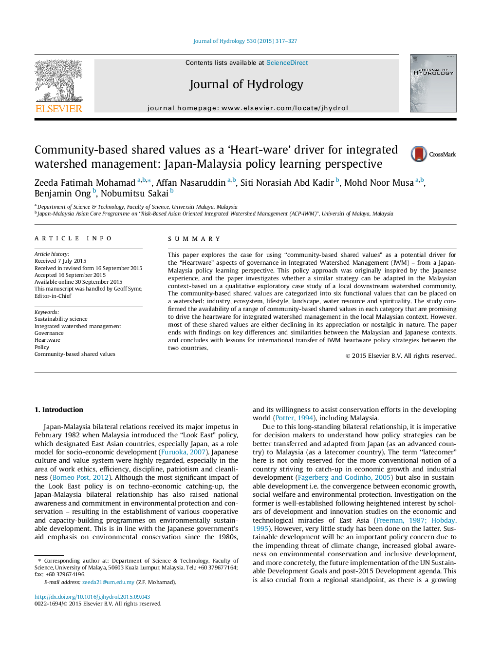 Community-based shared values as a 'Heart-ware' driver for integrated watershed management: Japan-Malaysia policy learning perspective