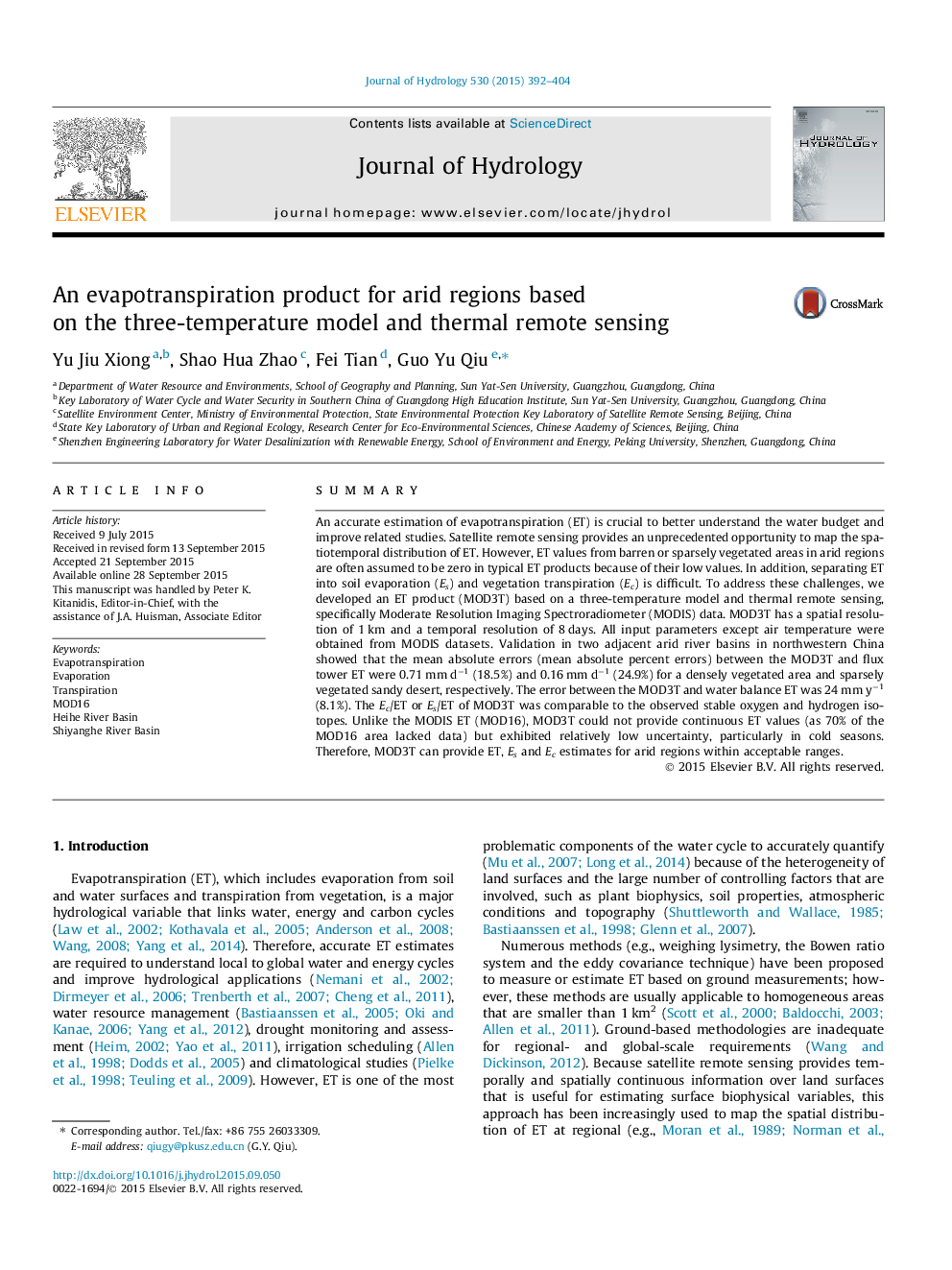 An evapotranspiration product for arid regions based on the three-temperature model and thermal remote sensing