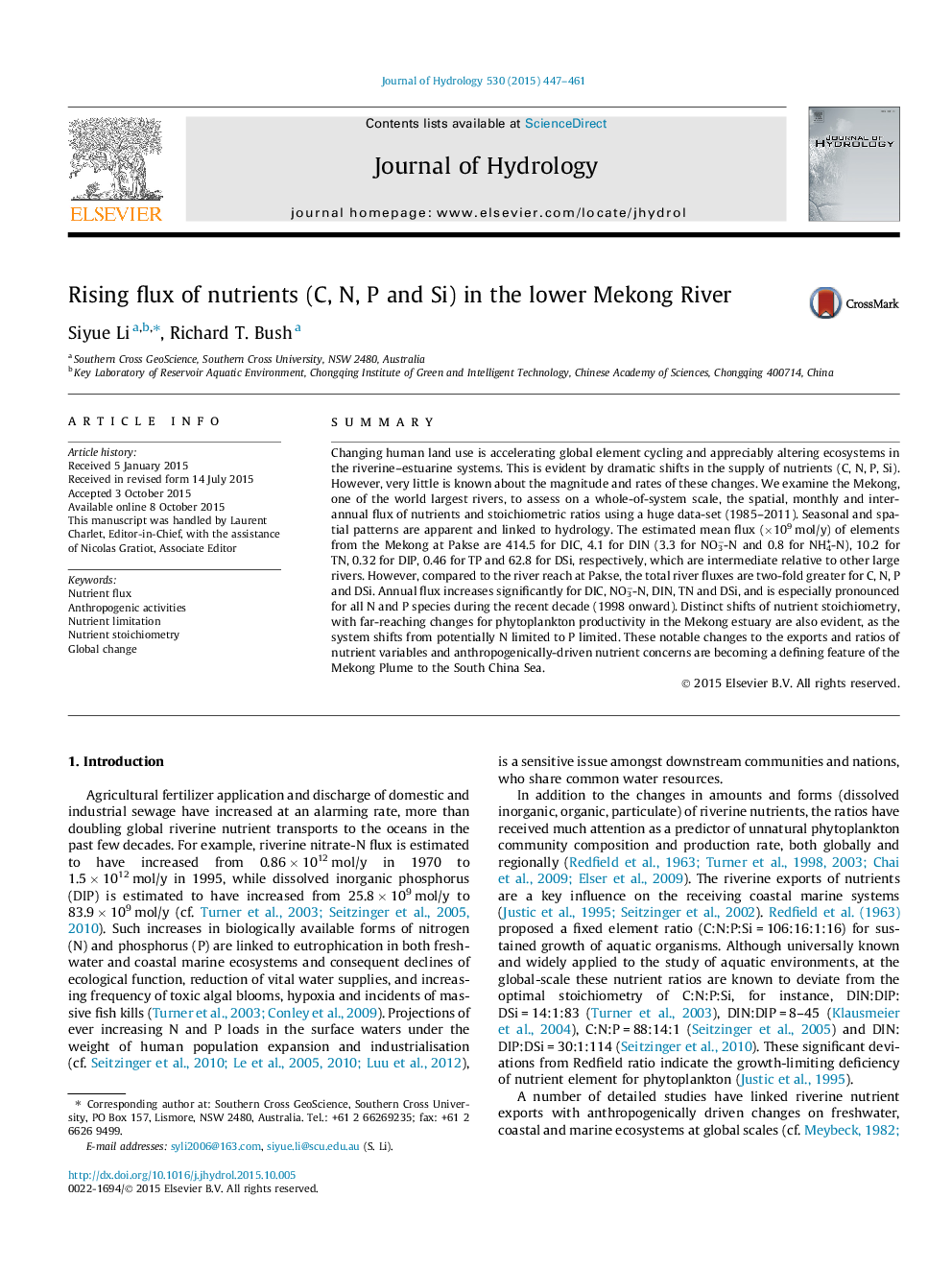 Rising flux of nutrients (C, N, P and Si) in the lower Mekong River