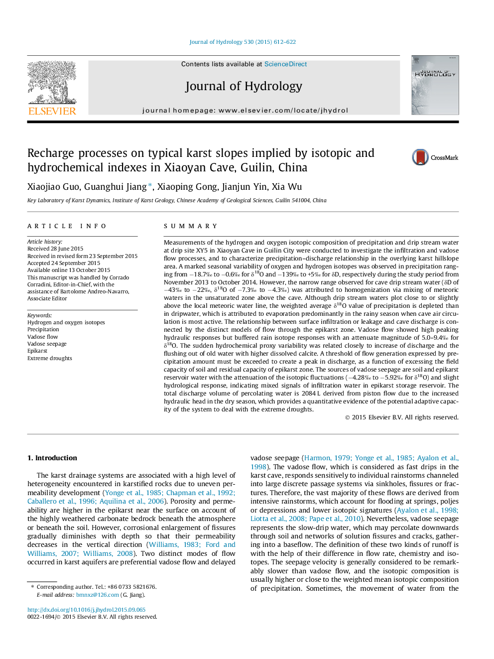 Recharge processes on typical karst slopes implied by isotopic and hydrochemical indexes in Xiaoyan Cave, Guilin, China