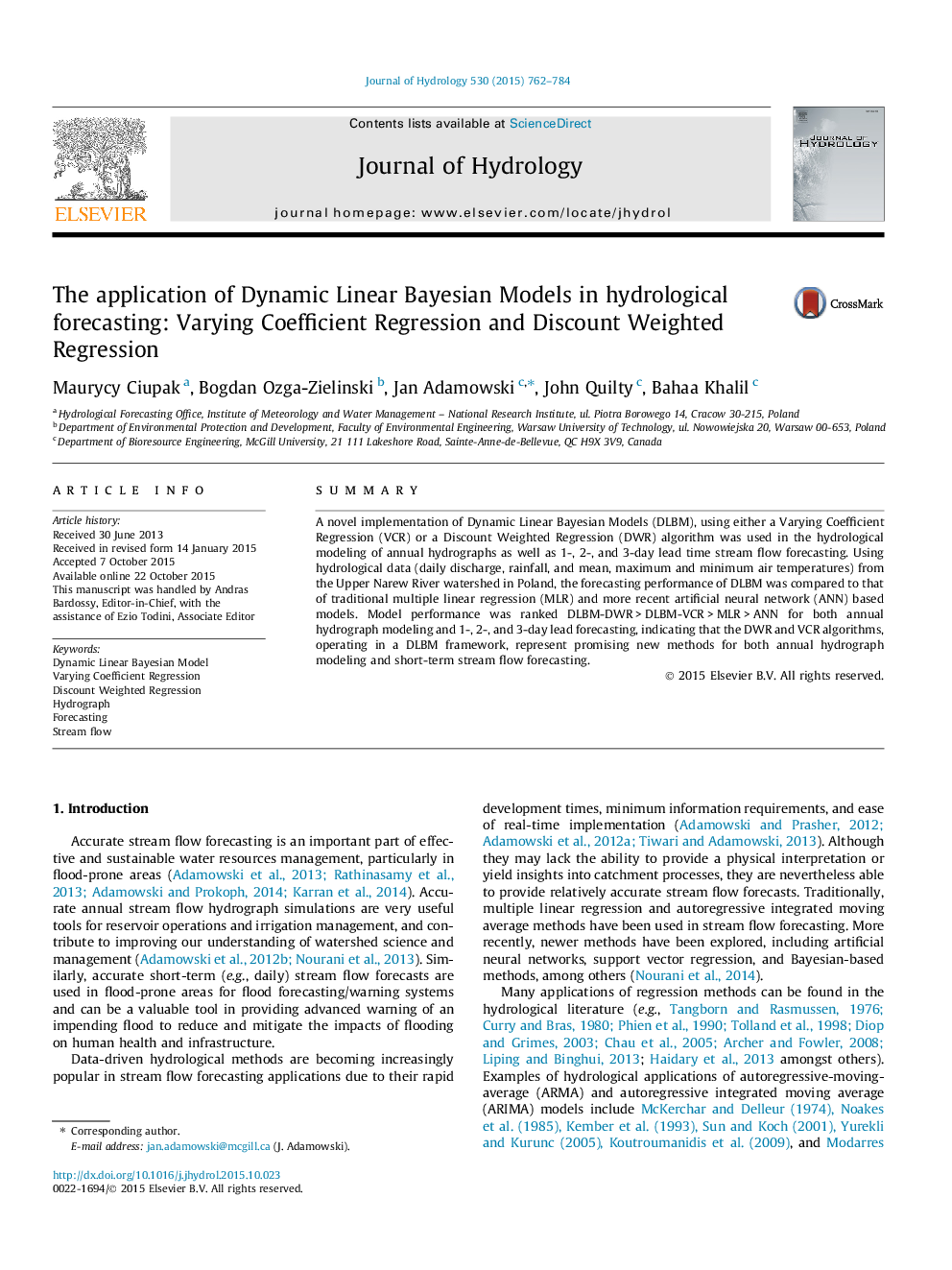 The application of Dynamic Linear Bayesian Models in hydrological forecasting: Varying Coefficient Regression and Discount Weighted Regression