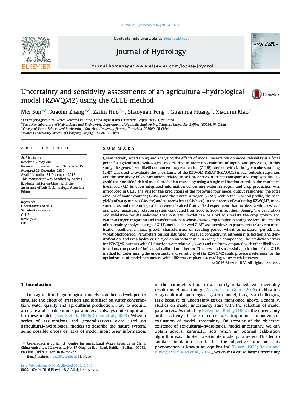 Uncertainty and sensitivity assessments of an agricultural-hydrological model (RZWQM2) using the GLUE method