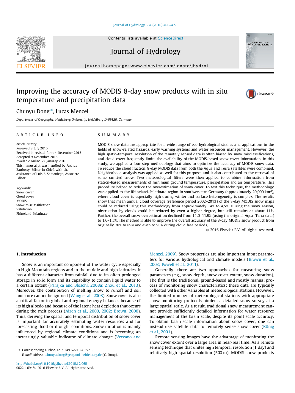 Improving the accuracy of MODIS 8-day snow products with in situ temperature and precipitation data