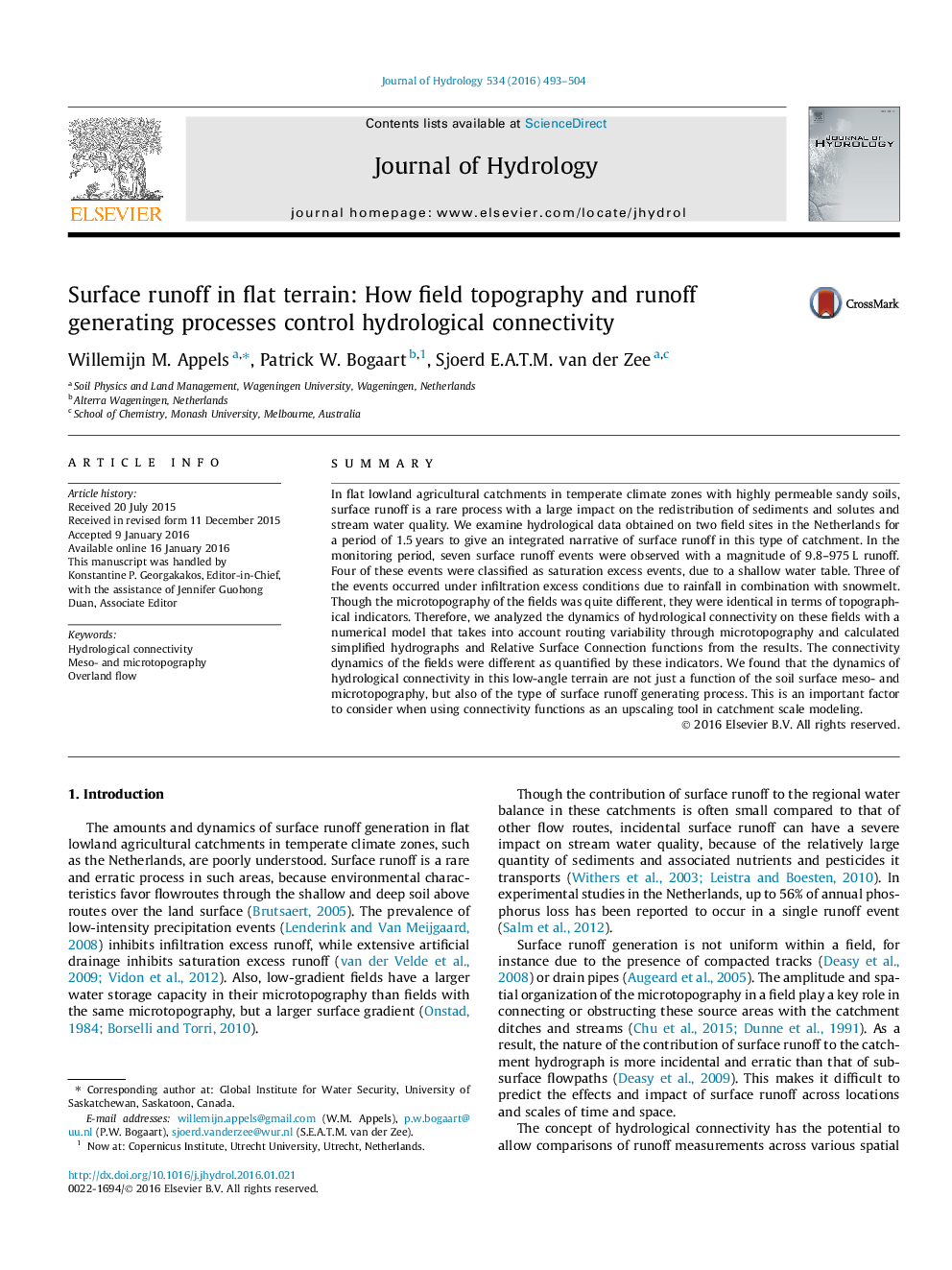 Surface runoff in flat terrain: How field topography and runoff generating processes control hydrological connectivity