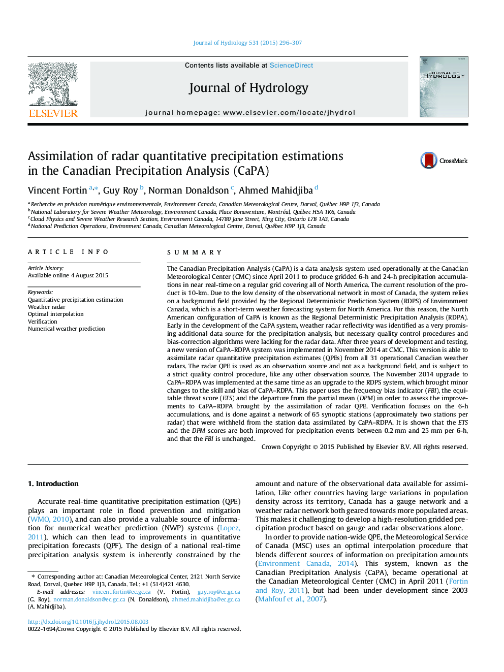 Assimilation of radar quantitative precipitation estimations in the Canadian Precipitation Analysis (CaPA)