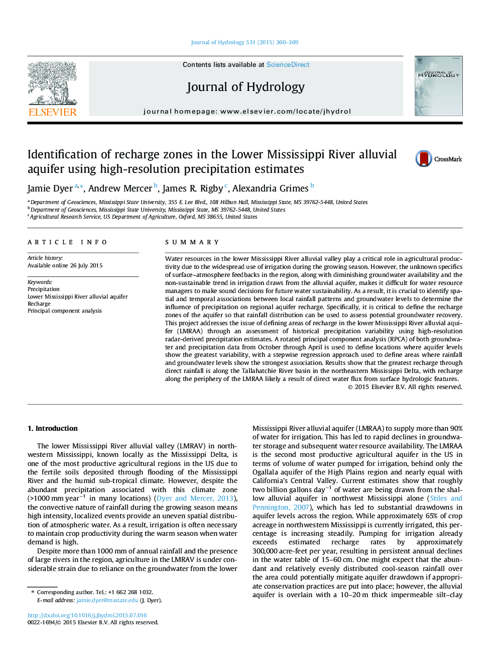 Identification of recharge zones in the Lower Mississippi River alluvial aquifer using high-resolution precipitation estimates