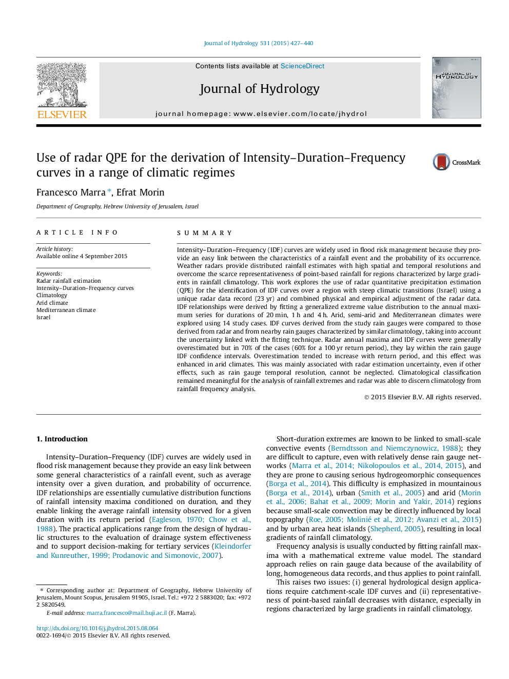 Use of radar QPE for the derivation of Intensity-Duration-Frequency curves in a range of climatic regimes