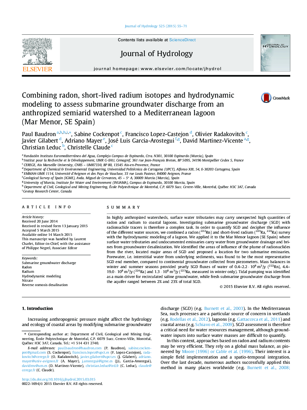 Combining radon, short-lived radium isotopes and hydrodynamic modeling to assess submarine groundwater discharge from an anthropized semiarid watershed to a Mediterranean lagoon (Mar Menor, SE Spain)